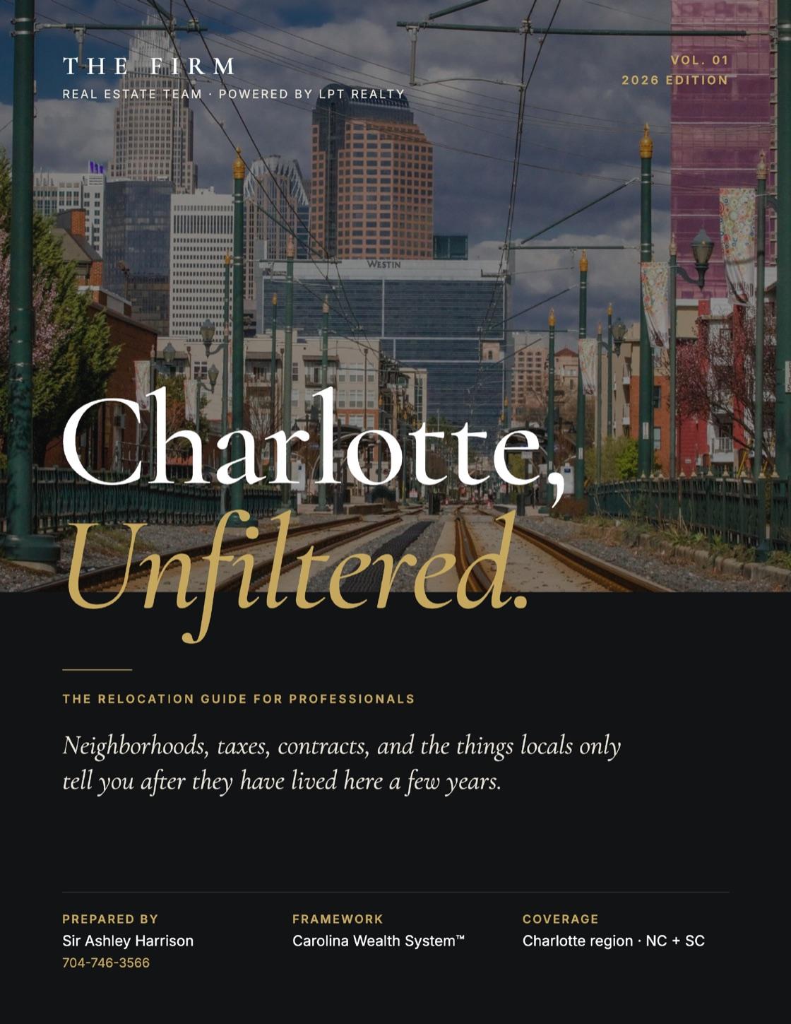 Cover of Charlotte, Unfiltered: The Relocation Guide for Professionals, showing light rail tracks leading toward Uptown Charlotte